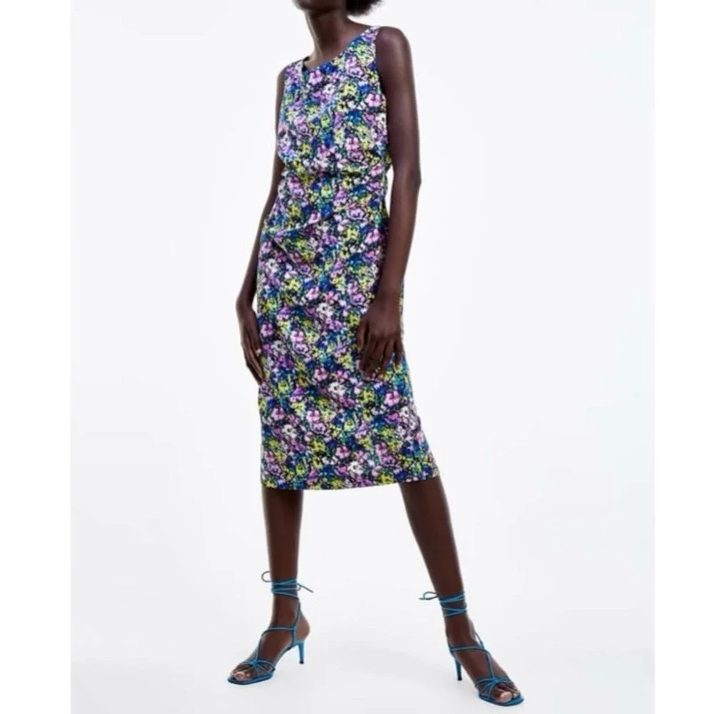 Zara Ruched Floral Print Pencil Dress - Picture 1 of 9